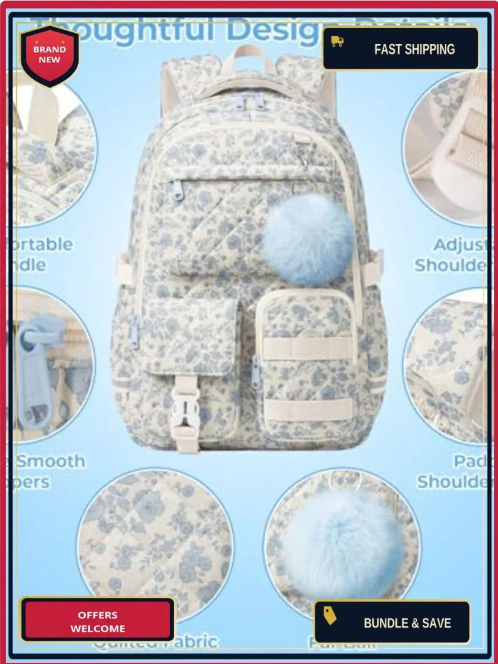 Quilted Cotton Backpack for Teen Girls, Floral School Bookbag, Fits 15.6